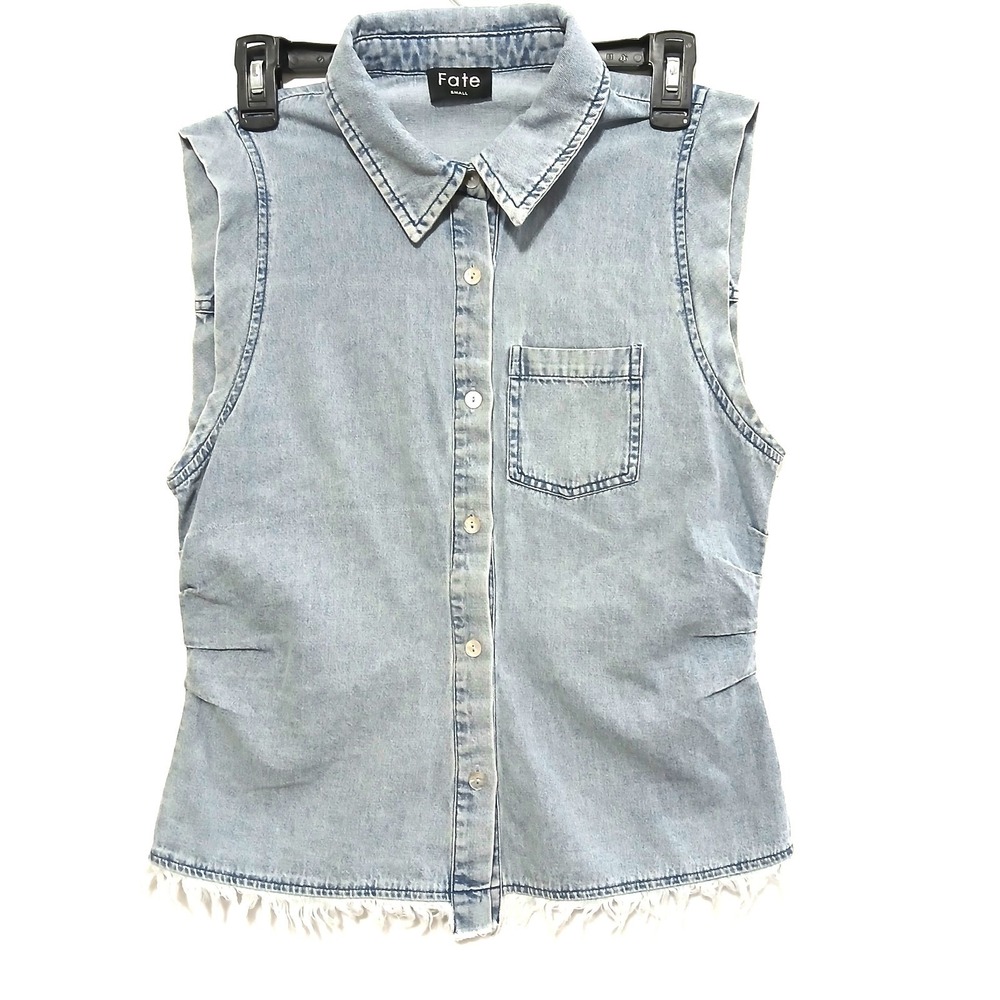 FATE Sleeveless Blue Denim Top Small Button Up Faded Boho Chambray Shirt Casual